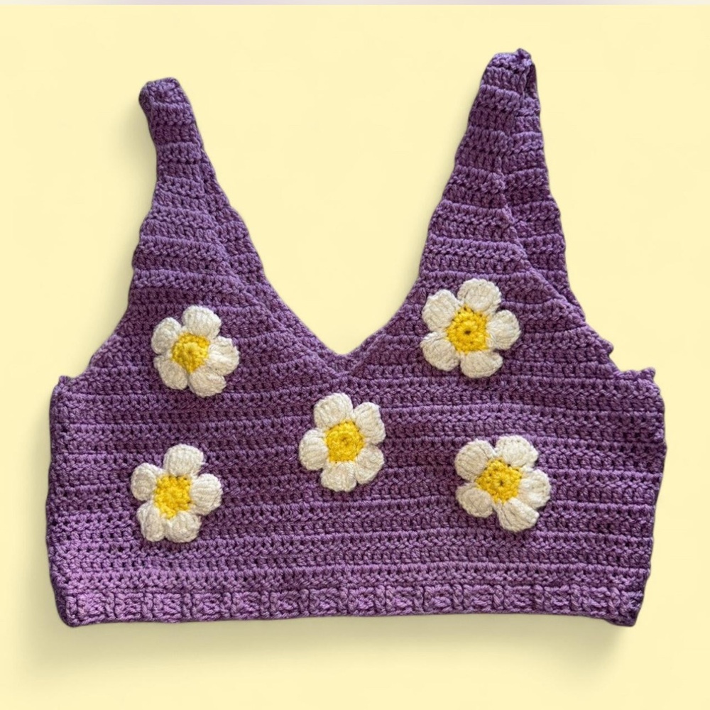 Purple Crochet Crop Top with Floral Design
